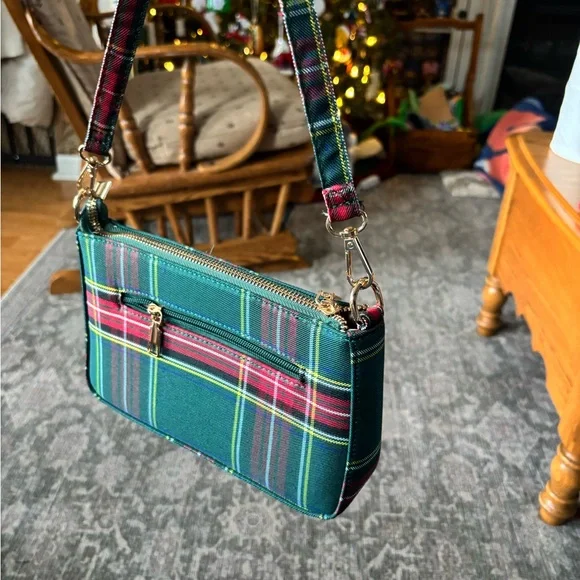 New green red Plaid Shoulder Bag messenger strap included zippered compartments - Picture 2 of 5